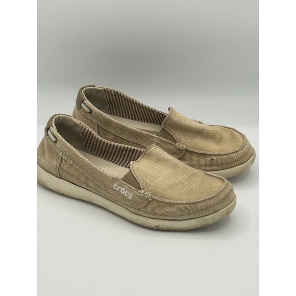 Crocs Women's Beach Line Boat Shoe Tan Canvas Slip On Loafers Size W6 - Picture 1 of 5